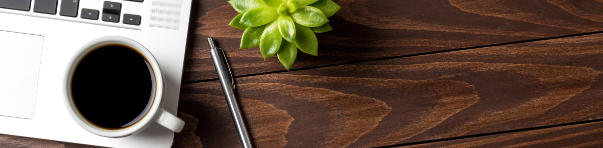 Top-down view of laptop, coffee, and plant